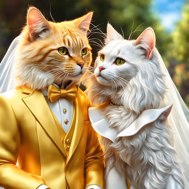 Die Brautkatze mit langem, fließendem gelben Haar und der Bräutigamkatze in unberührtem weißem Fell tauschten Gelübde aus