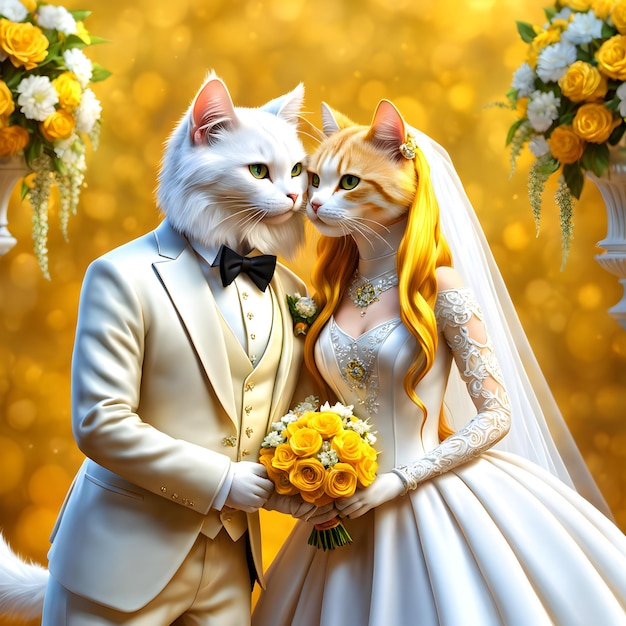 Die Brautkatze mit langen, fließenden gelben Haaren sah in ihrem wunderschönen Hochzeitskleid atemberaubend aus.