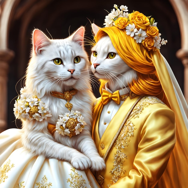 Die Brautkatze mit langen, fließenden gelben Haaren sah in ihrem wunderschönen Hochzeitskleid atemberaubend aus.