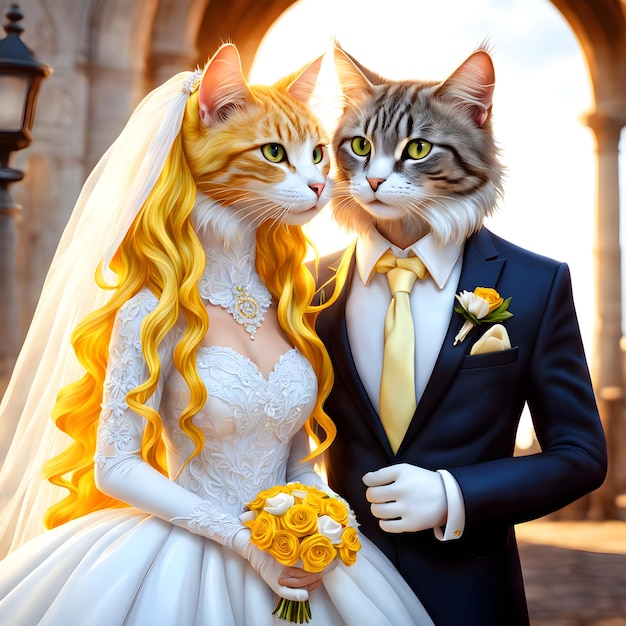 Die Brautkatze mit langen, fließenden gelben Haaren sah in ihrem wunderschönen Hochzeitskleid atemberaubend aus.