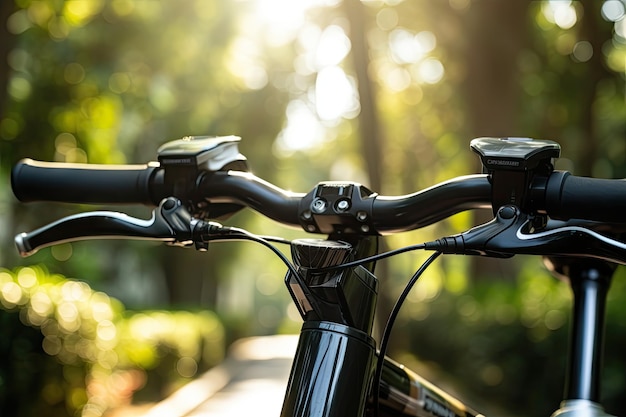 Die Bremshebel und der Fahrradcomputer eines Profi-Fahrrads an einem sonnigen Tag im Park