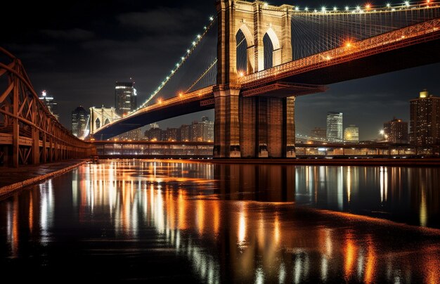 Die Brooklyn Bridge in der Nacht in New York City, USA