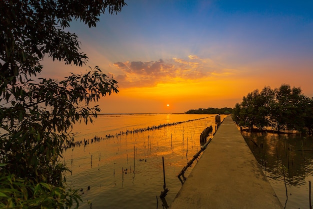 Die Brücke erstreckt sich bis zum Meer und den Sonnenuntergängen am Abend