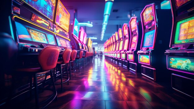 Die Casino-Spielautomaten werden mit Neonlichtern im Stil einer realistischen, hyperdetaillierten Darstellung beleuchtet