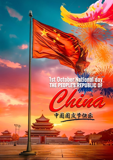 Die chinesische Flagge weht auf einer hohen Stange vor dem Plakat zum chinesischen Nationalfeiertag Tiananmen in Peking