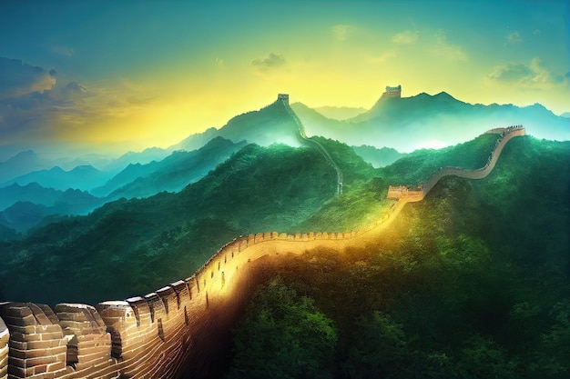 Die Chinesische Mauer in China Digital Art Style Malerei horizontale Seitenansicht Skyline