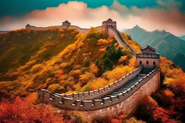 Die Chinesische Mauer ist in Herbstfarben bemalt.