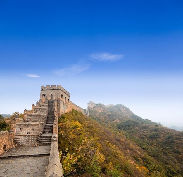 Die Chinesische Mauer vor blauem Himmel Wenn ein Mann den Pass bewacht, können Zehntausende nicht durchkommen