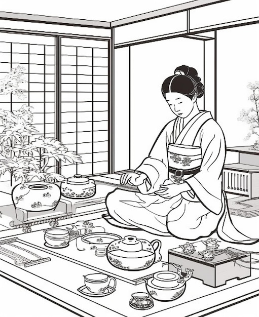 Die chinesische Teezeremonie wird von einem Teemeister im Kimono durchgeführt. Ein Mann gießt Tee aus einer generativen KI
