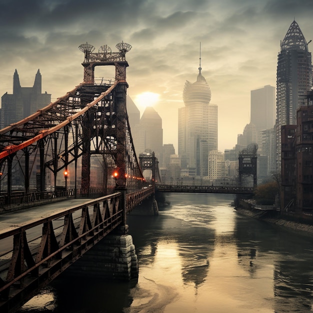 Die chinesischen Wolkenkratzer von Shanghai und die alte Eisenbrücke