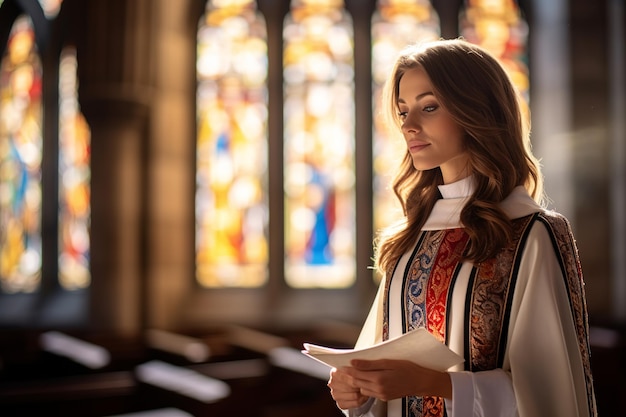 Die christliche Anbetung wurde von einer jungen Frau in einem Chorkleid mit Noten dargestellt