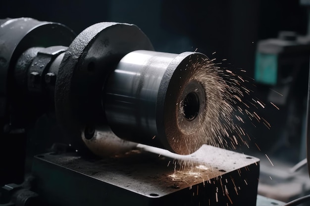 Die CNC-Fräsmaschine schneidet die Stahlwelle mit Funken. Innenschleifen eines zylindrischen Metallteils. Ai erzeugt