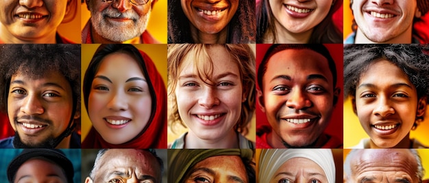 Foto die collage-mosaik-sammlung von kopfbildern zeigt eine vielzahl von menschen verschiedener ethnien, die in einer gruppenumgebung in die kamera lächeln.