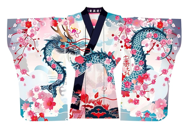 Foto die cut kimono mit einem drachen ausschnitt auf der rückseite geschmückt mit illustration flat clothes collection