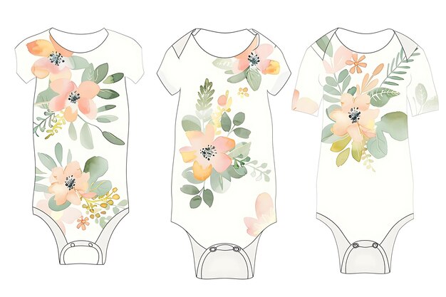 Foto die cut onesie mit blumenförmigen taschen mit einem garten kreative flache illustration kinderkleidung