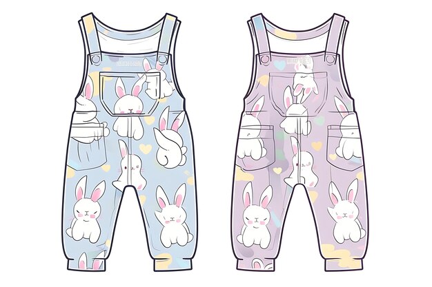 Foto die cut overalls mit bunny-förmigen ausschnitten an den knien zeigen kreative flache illustrationen kinderkleidung