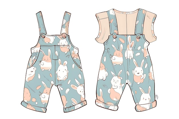 Foto die cut overalls mit bunny-förmigen ausschnitten an den knien zeigen kreative flache illustrationen kinderkleidung
