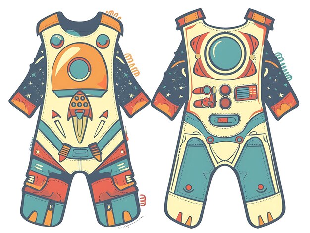 Foto die cut overalls mit raketen-schiff-förmigen taschen mit einer kreativen flachen illustration kinderkleidung