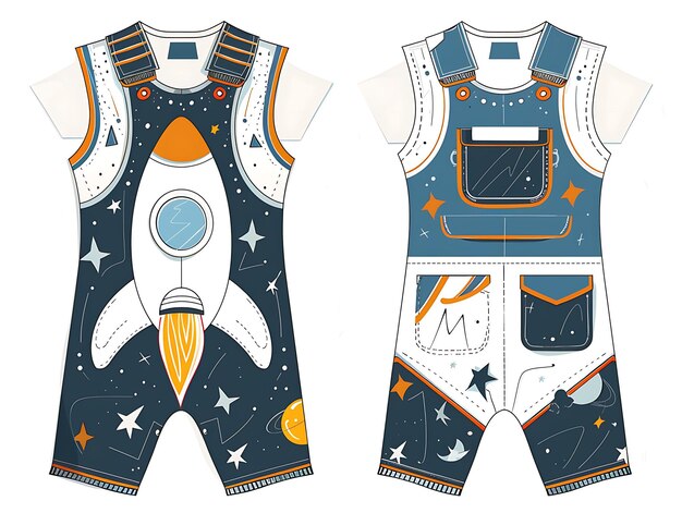 Foto die cut overalls mit raketen-schiff-förmigen taschen mit einer kreativen flachen illustration kinderkleidung