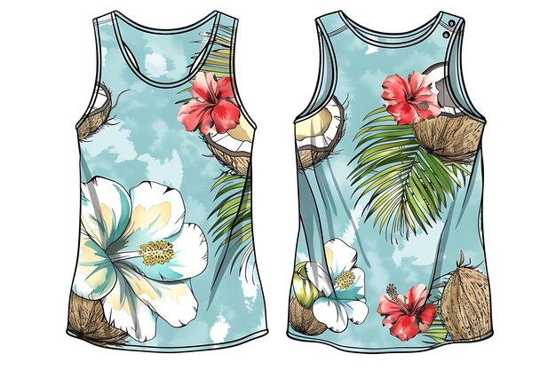 Foto die cut tank top mit kokosnuss- und hibiscusblumenmustern o illustration flachkleidungssammlung