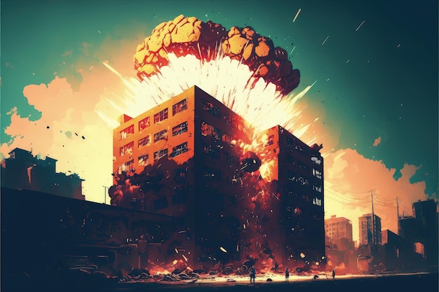 Die Darstellung zeigt eine katastrophale Explosion, die zur Fragmentierung zahlreicher Gebäude führt Fantasiekonzept Illustrationsmalerei Generative KI