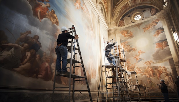 die Decke einer Kirche ist mit Gemälden bemalt