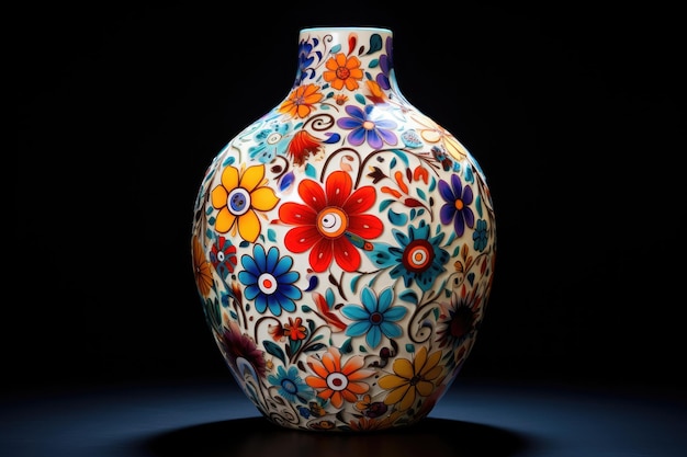 Die Designervase mit bunten Glasurblumen ist auf dem schwarzen Hintergrund isoliert