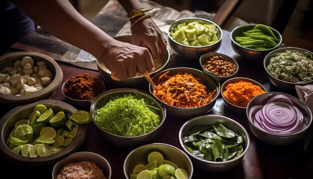 Foto die detaillierten vorbereitungen einer traditionellen gudi padwa-mahlzeit