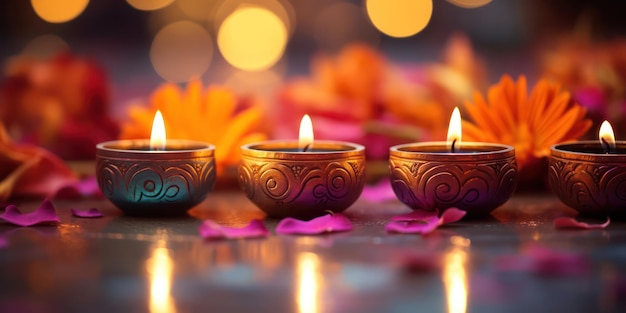 Die Diwali-Kerze vor einem verschwommenen Hintergrund strahlt eine Aura der Ruhe und Freude aus