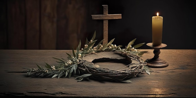 Die Dornenkrone Jesu mit Kreuz auf altem Holzhintergrund Osterkonzept Banner generierte KI