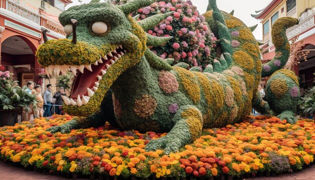 Die Drachenstatue in einer mehrfarbigen Parade feiert die alte thailändische Kultur, die freudig durch künstliche Intelligenz geschaffen wurde