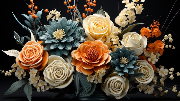 Die drei Blumenarrangements bestehen aus Blau und Orange