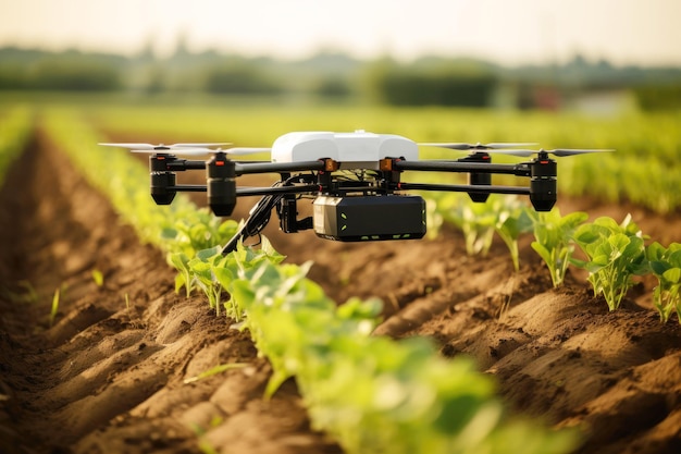 Die Drohne untersucht den Zustand der Ernte auf dem landwirtschaftlichen Feld Intelligente Technologie in Aktion