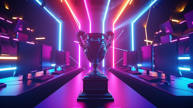 Die E-Sports-Gewinner-Trophäe auf der Bühne