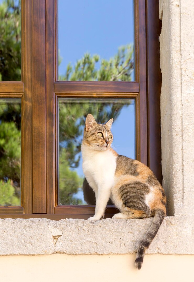 Die eine umherziehende bunte Katzennahaufnahme, die auf dem Fenster sitzt