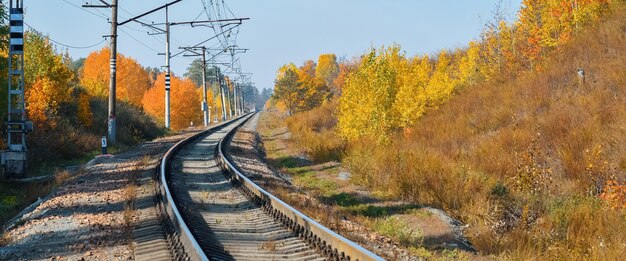 Die Eisenbahn fährt durch einen wunderschönen Herbstwald mit bunten Bäumen. Die Straße dreht sich, der Eisenbahnhintergrund.