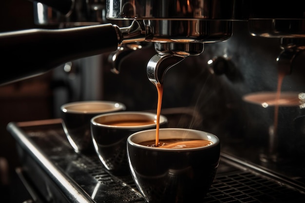 Die elegante Kaffeemaschine brüht eine perfekte Tasse Espresso mit Milchschaum und köstlichem Aroma. Der perfekte Start in den Morgen AI Generative