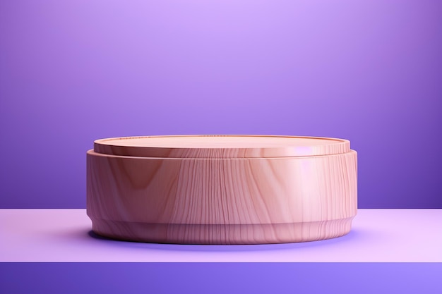 Die Eleganz des Holzes Ein rundes Stammpodium für atemberaubende Produktvitrinen gegen einen lila Pastellba