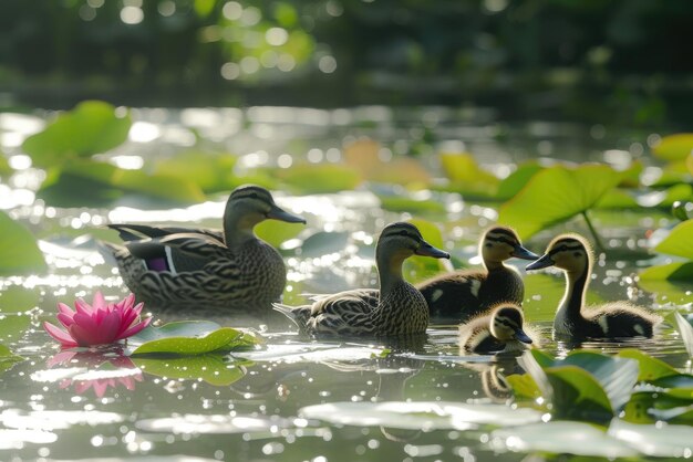 Die Entenfamilie genießt den Sommer-Teich