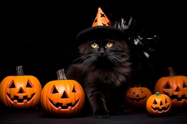 Foto die entzückende schwarze katze im halloween-kostüm mit bösen kürbissen