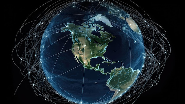 Die Erde ist am Himmel mit vielen miteinander verbundenen, von der KI erzeugten Satelliten