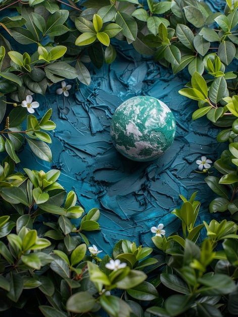 Die Erde liegt in einem dichten Rahmen aus grünen Blättern und kleinen weißen Blüten auf einem reich gefärbten blauen Hintergrund