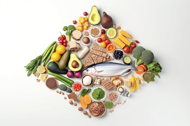 Die Ernährungspyramide stellt eine gesunde Ernährung auf weißem Hintergrund dar