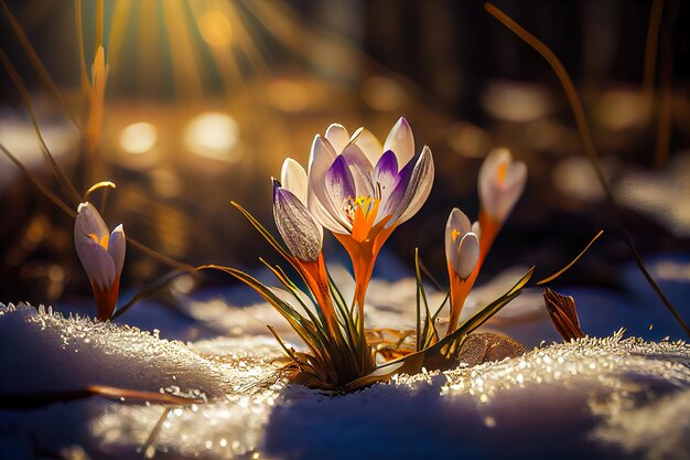 Die ersten Frühlingsblumenkrokusse in einem Wald mit Schneehintergrund haben auch Kopienraum für Text