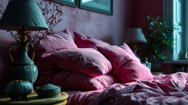 Die ersten Strahlen der Morgensonne auf dem Bett Closeup von Kissen auf dem Sofa Boho Wohnung Idee Postkarte