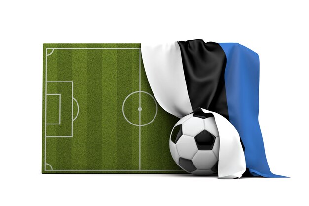 Die estnische Landesflagge drapiert über einen Fußballplatz und Ball 3D-Rendering