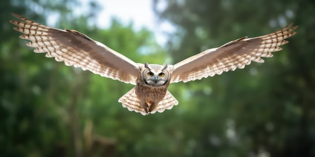 Die Eule fliegt in der Waldfläche