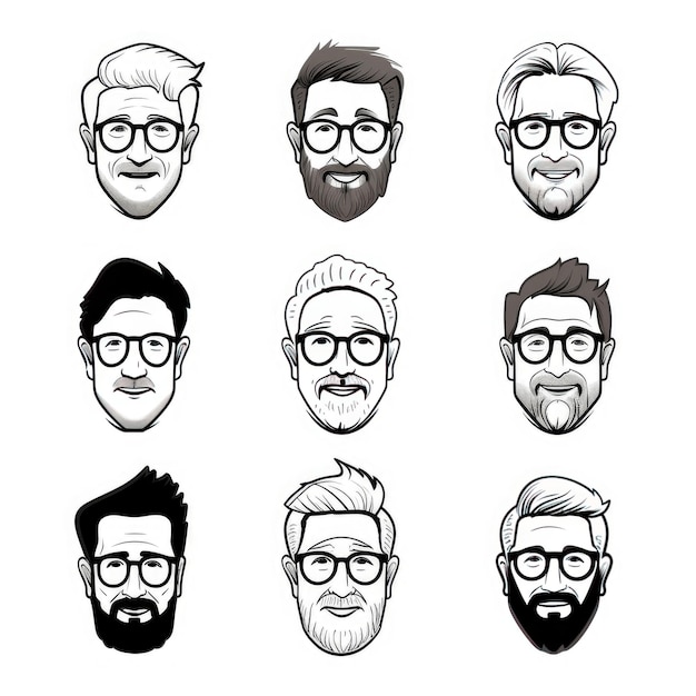 Die Evolution des Alters Eine Sammlung von neun minimalistischen schwarz-weißen Ikonen, die Männer unterschiedlicher Zeit darstellen