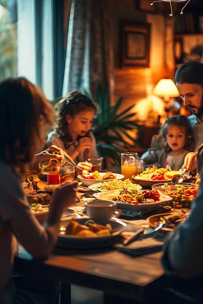 Foto die familie isst am tisch. selektive konzentration.