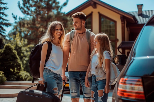 Foto die familie ist dabei, in das auto zu steigen, um auf eine reise zu fahren.